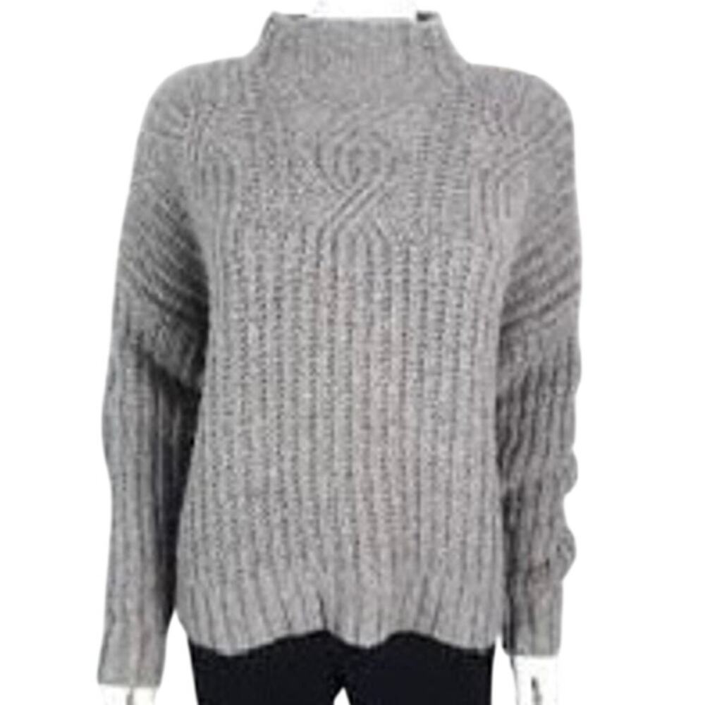Aerie Chunky Cable Knit Wool Mock Neck Sweater Small Gray Boxy Oversized Cozy